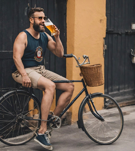 Homme Qui Fait Du Vélo Et Boit De La Bière (Vue Ia)