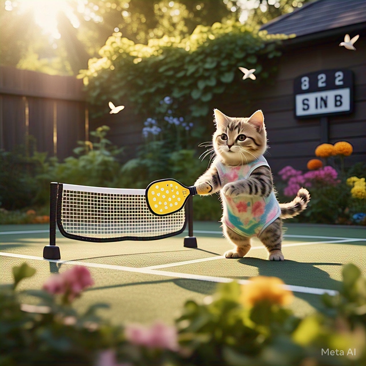 Un chat qui joue Pickleball (Vue IA)